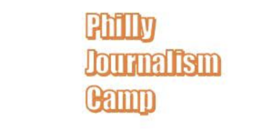Orange and white Philly Journalism Camp logo